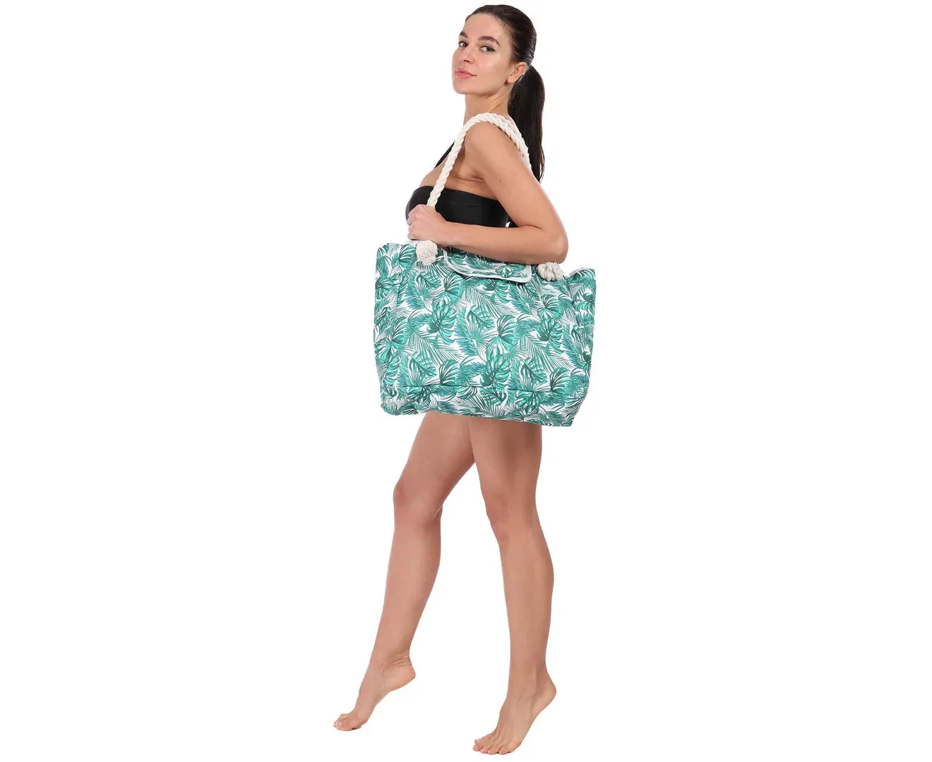 Green Palm Leaf Waterproof Canvas Beach Bag for Travel Gym Swim and Beach Holida