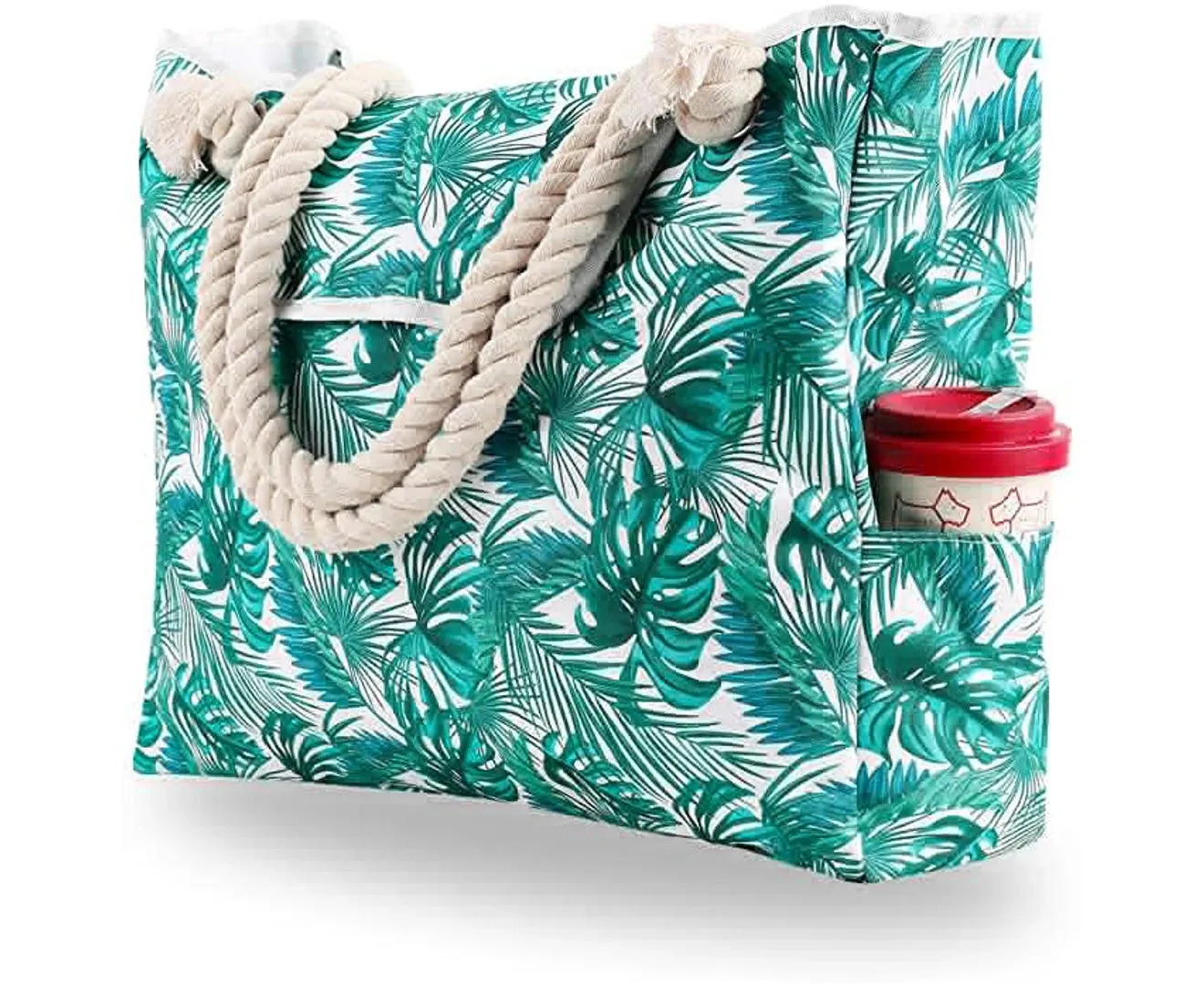 Green Palm Leaf Waterproof Canvas Beach Bag for Travel Gym Swim and Beach Holida