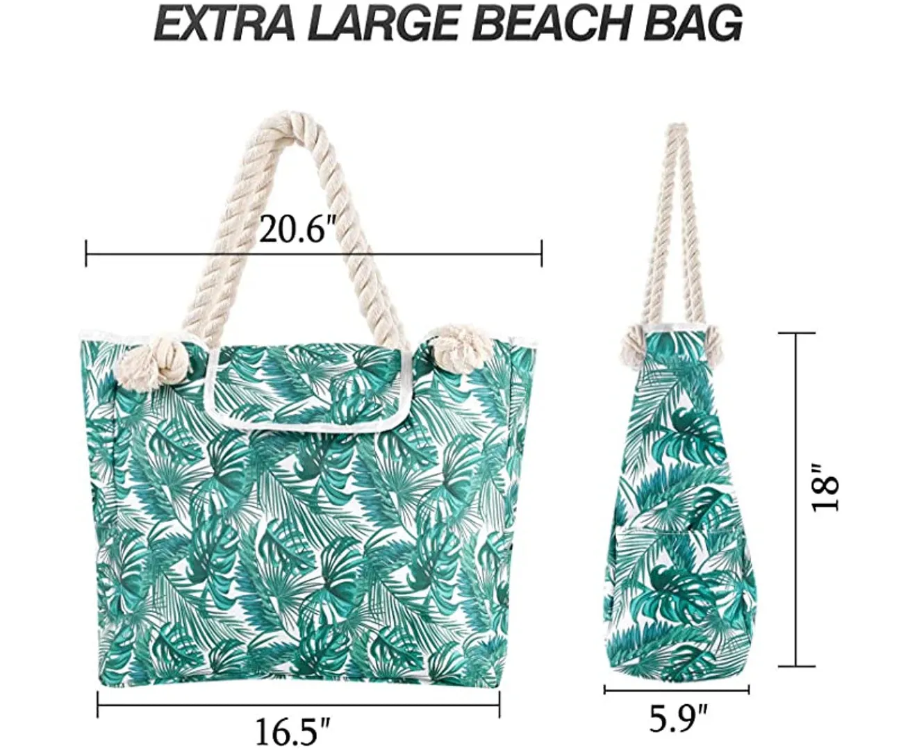 Green Palm Leaf Waterproof Canvas Beach Bag for Travel Gym Swim and Beach Holida