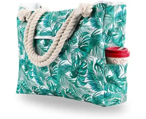 Green Palm Leaf Waterproof Canvas Beach Bag for Travel Gym Swim and Beach Holida