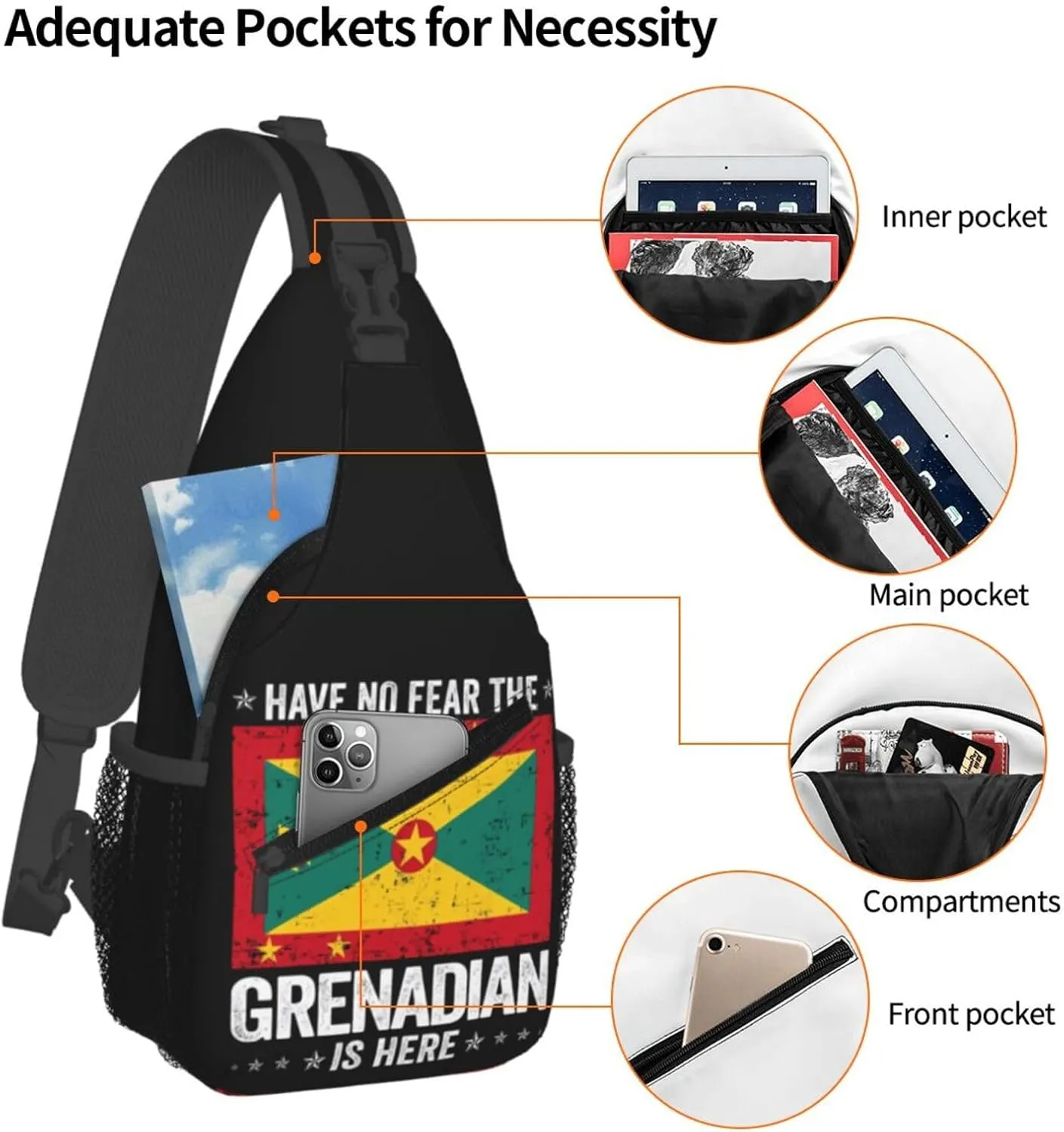 Grenada Flag Have No Fear The Grenadian Crossbody Bag Cross Chest Bag Adjustable Sling Backpack Sports Gym Shoulder Bags Travel Cycling Daypack Diagonally Casual Rucksack