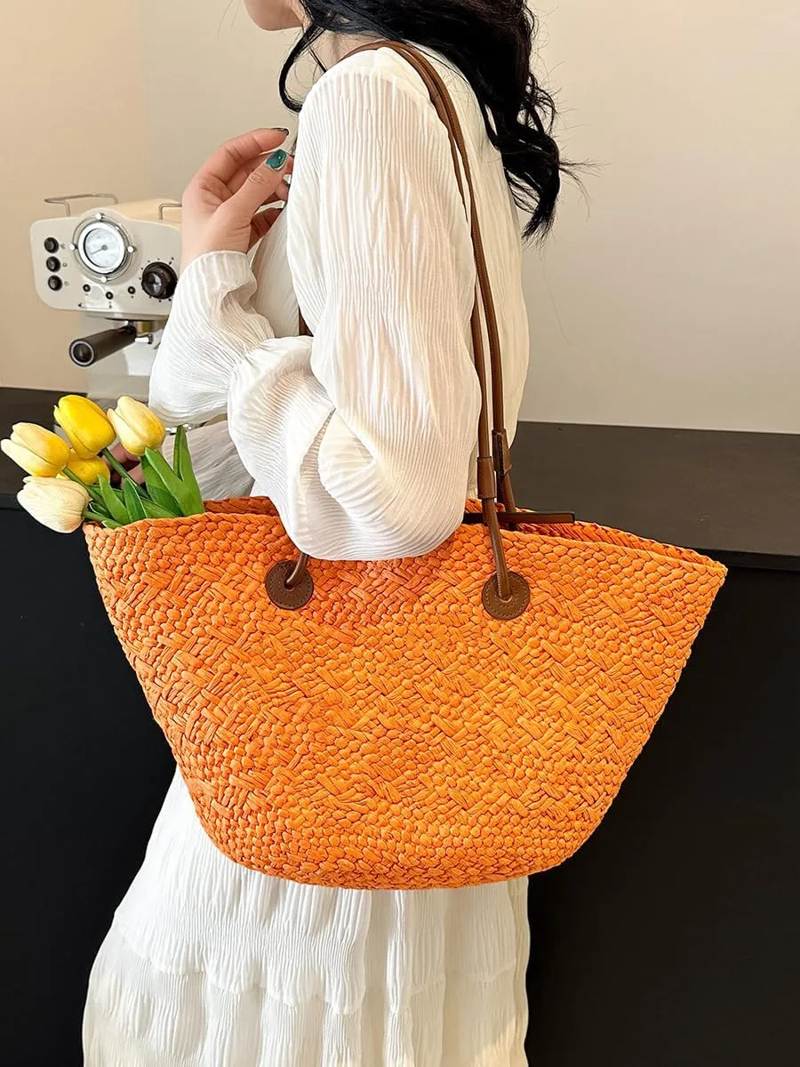 GRPKSSIB Women Straw Tote Bag Summer Beach Bags Luxury Handmade Shoulder Bag Woven Basket Handbags Large Straw Purses