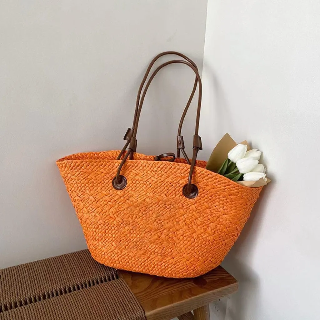 GRPKSSIB Women Straw Tote Bag Summer Beach Bags Luxury Handmade Shoulder Bag Woven Basket Handbags Large Straw Purses