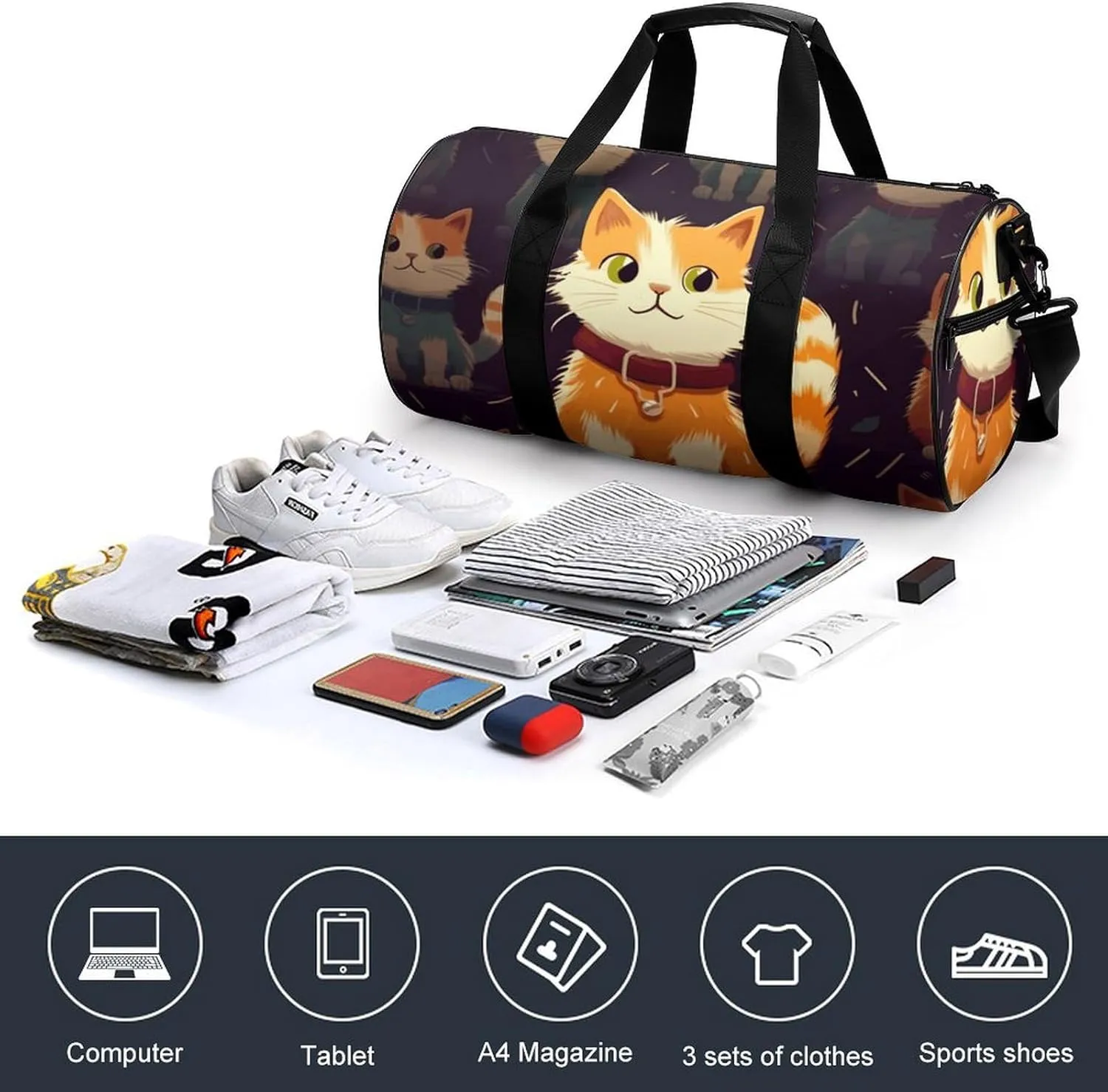 Gym Bag Cat Duffel Bag for Men Women Overnight Bag with Shoe Compartment Workout Bags
