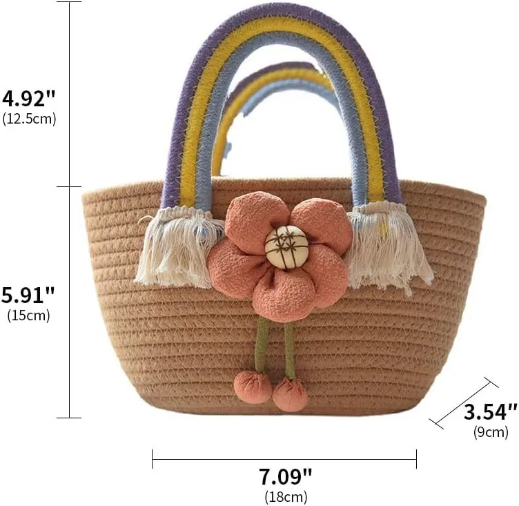 Hand-Woven Cotton Handbag Tote Bag Boho Rainbow Handles Tote Retro Summer Beach Bag Flower Handbag Holiday Shopping