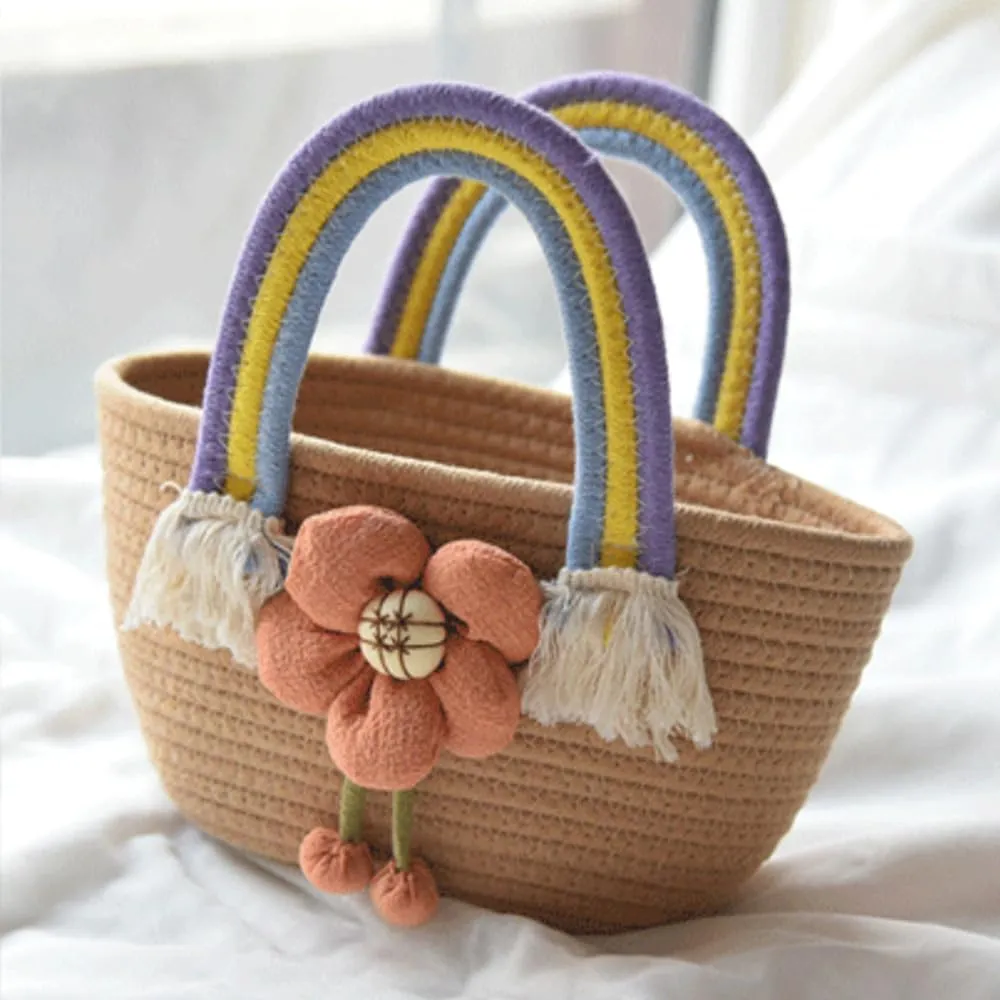 Hand-Woven Cotton Handbag Tote Bag Boho Rainbow Handles Tote Retro Summer Beach Bag Flower Handbag Holiday Shopping