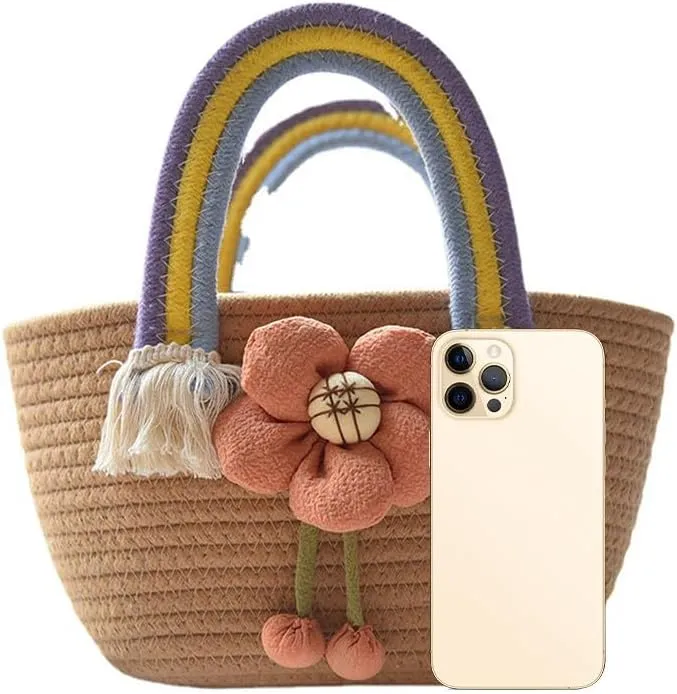 Hand-Woven Cotton Handbag Tote Bag Boho Rainbow Handles Tote Retro Summer Beach Bag Flower Handbag Holiday Shopping