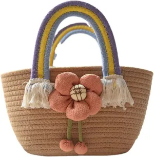 Hand-Woven Cotton Handbag Tote Bag Boho Rainbow Handles Tote Retro Summer Beach Bag Flower Handbag Holiday Shopping