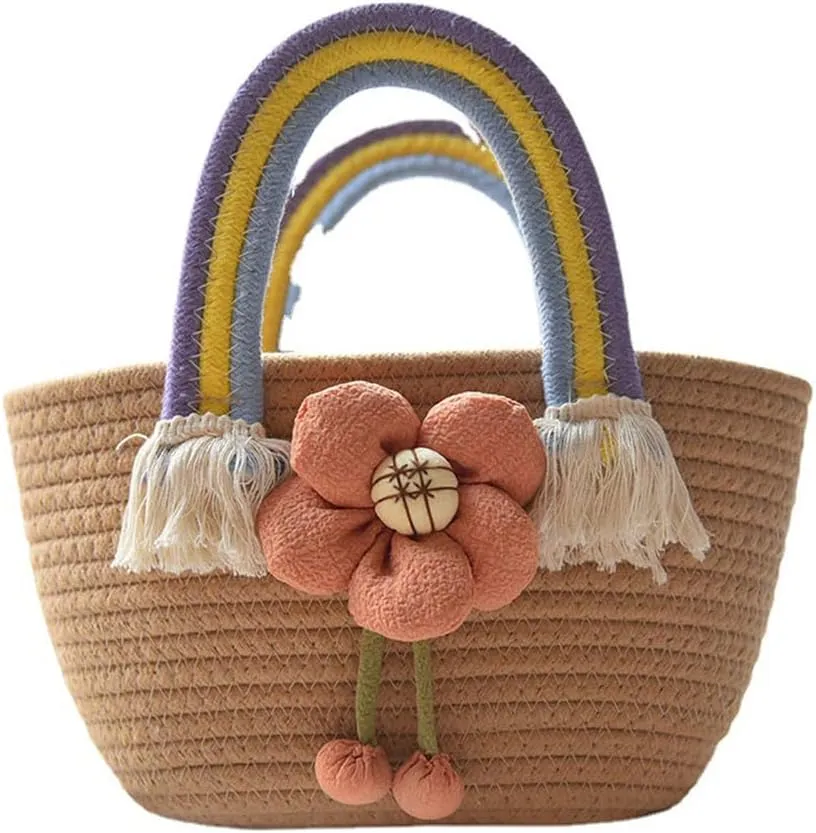 Hand-Woven Cotton Handbag Tote Bag Boho Rainbow Handles Tote Retro Summer Beach Bag Flower Handbag Holiday Shopping