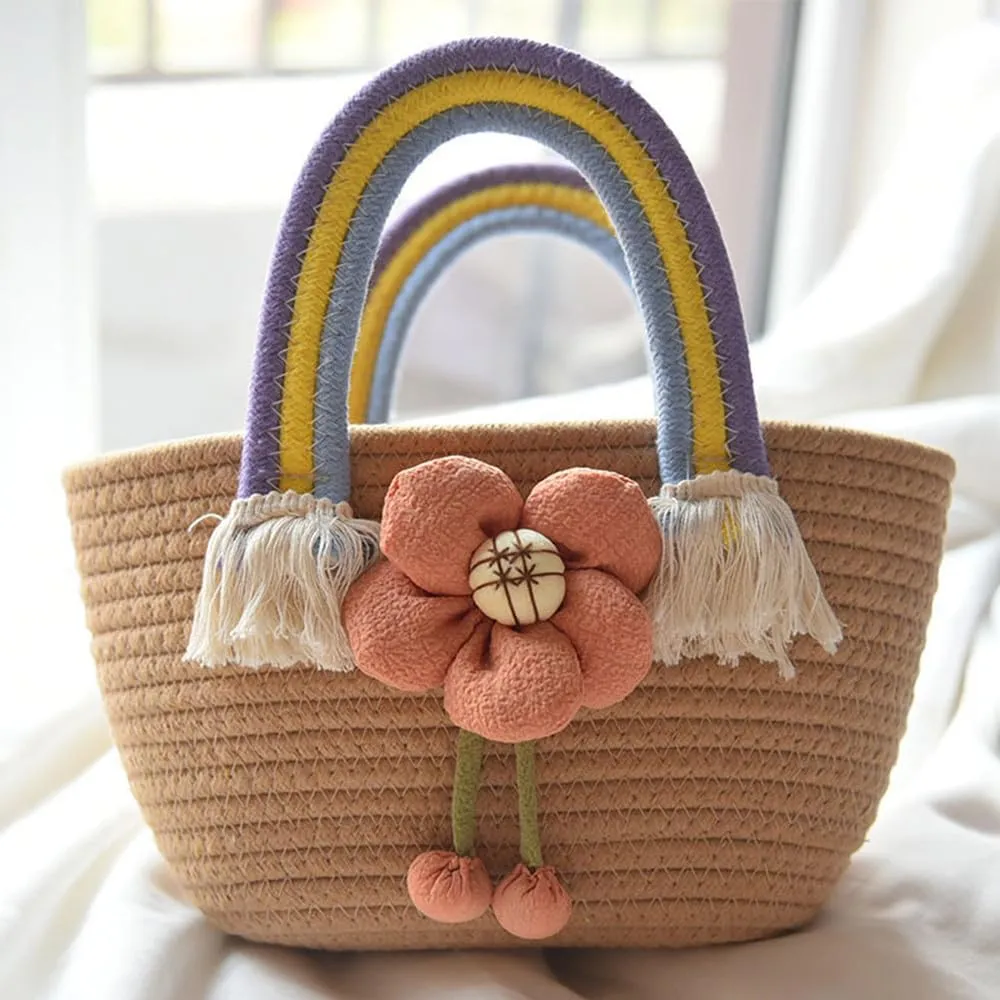 Hand-Woven Cotton Handbag Tote Bag Boho Rainbow Handles Tote Retro Summer Beach Bag Flower Handbag Holiday Shopping