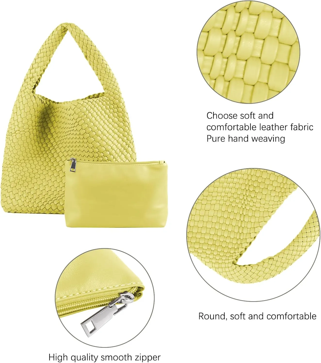 Hand Woven Tote for Women - Vegan Leather Handle Handbag, Travel Shoulder Bag, Hobo and Beach Bag With Purse