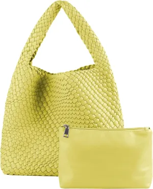 Hand Woven Tote for Women - Vegan Leather Handle Handbag, Travel Shoulder Bag, Hobo and Beach Bag With Purse