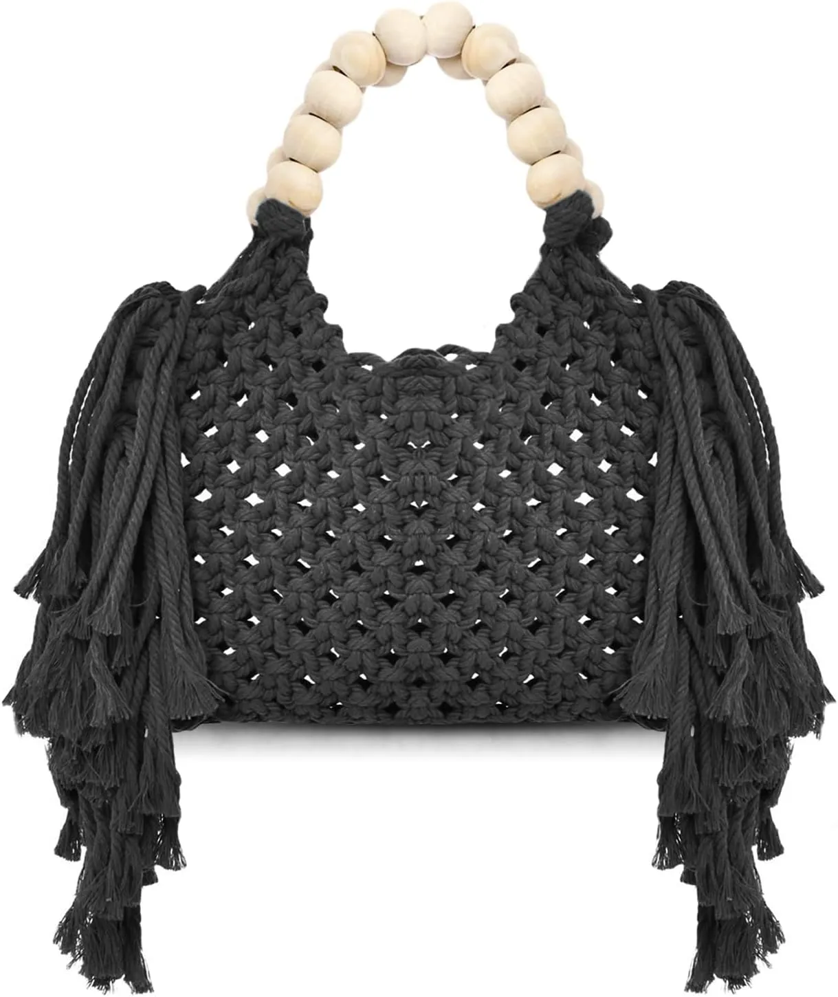 Handbags for Women, Hand-woven Knitted Cotton Handbags, Tassel Woven Bag, Wooden Bead Handle, Shoulder Bag for Beach Vacation(Black)