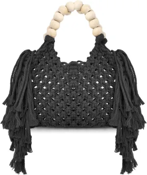 Handbags for Women, Hand-woven Knitted Cotton Handbags, Tassel Woven Bag, Wooden Bead Handle, Shoulder Bag for Beach Vacation(Black)