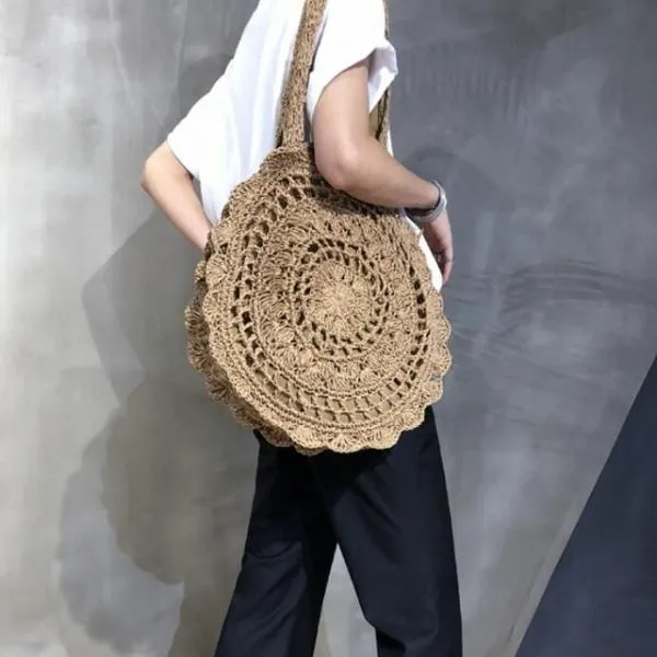 Handmade Bohemian Vintage Big Circle Paper Rope Straw Rattan Bag Handbags