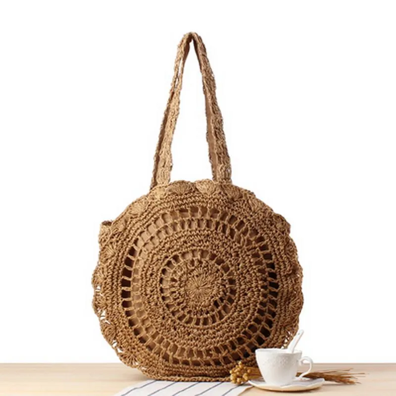Handmade Bohemian Vintage Big Circle Paper Rope Straw Rattan Bag Handbags