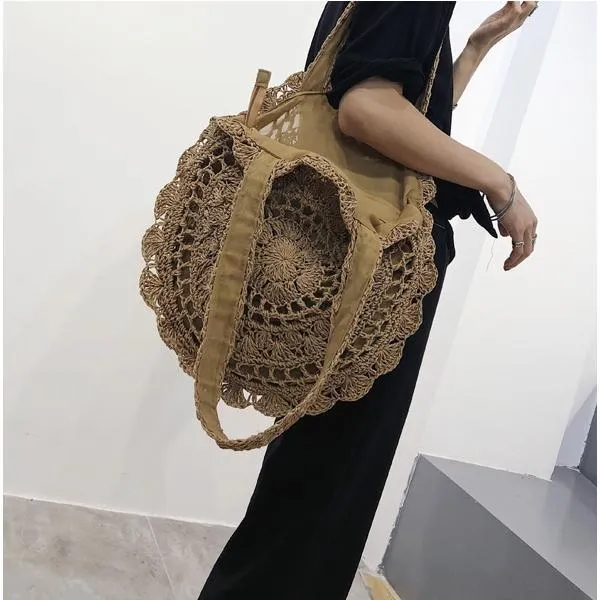 Handmade Bohemian Vintage Big Circle Paper Rope Straw Rattan Bag Handbags
