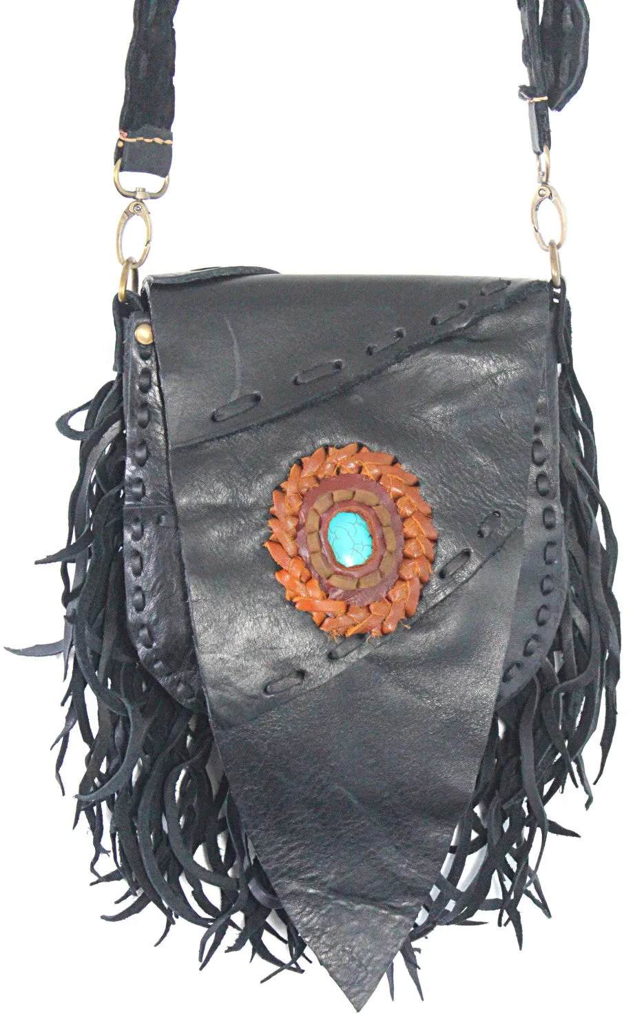 Handmade genuine leather bohemian saddle bag with fringe and stone accent