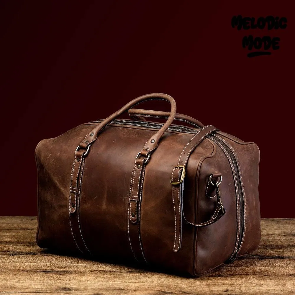 Handmade Genuine Leather Duffel Bag, Vintage Brown Weekend Travel Bag | Rustic Laptop Carryall with Adjustable Strap, Luxury Leather Holdall