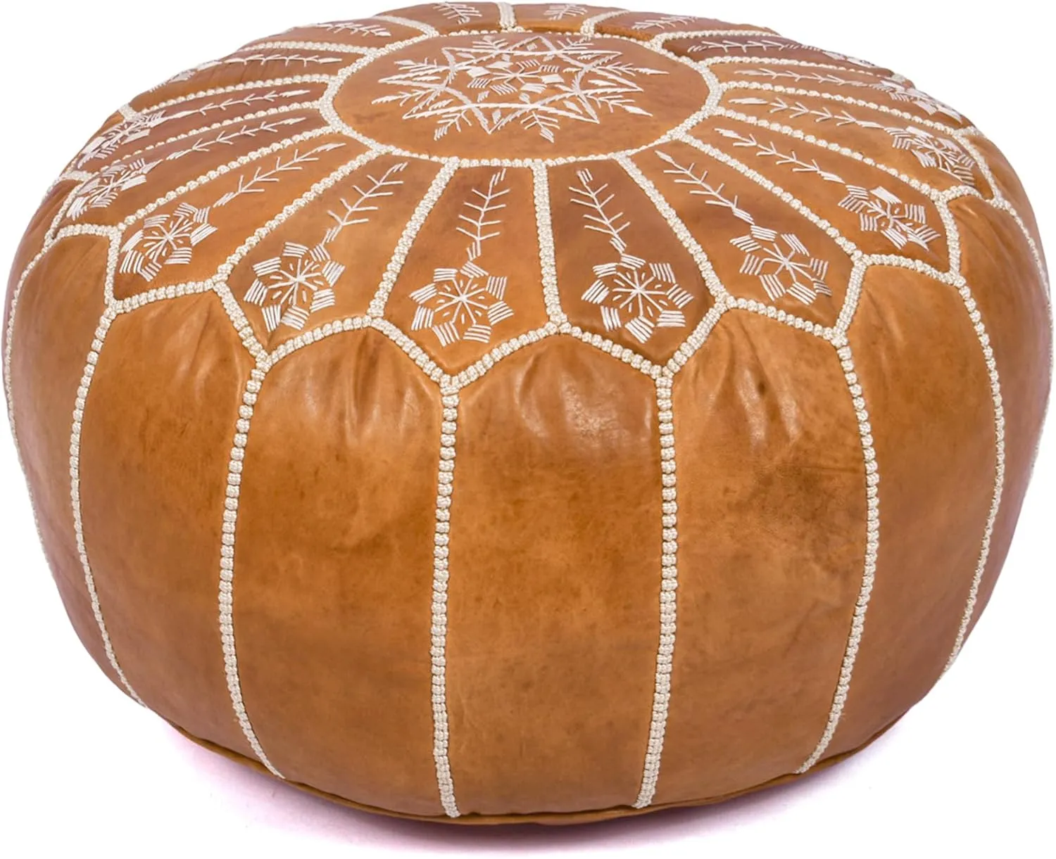 Handmade Moroccan Genuine Leather Pouf Ottoman Cover - Unstuffed Foot Stool, Boho Foot Rest Under Desk, Round Ottoman for Living Room, Bedroom - Housewarming and Wedding Gifts