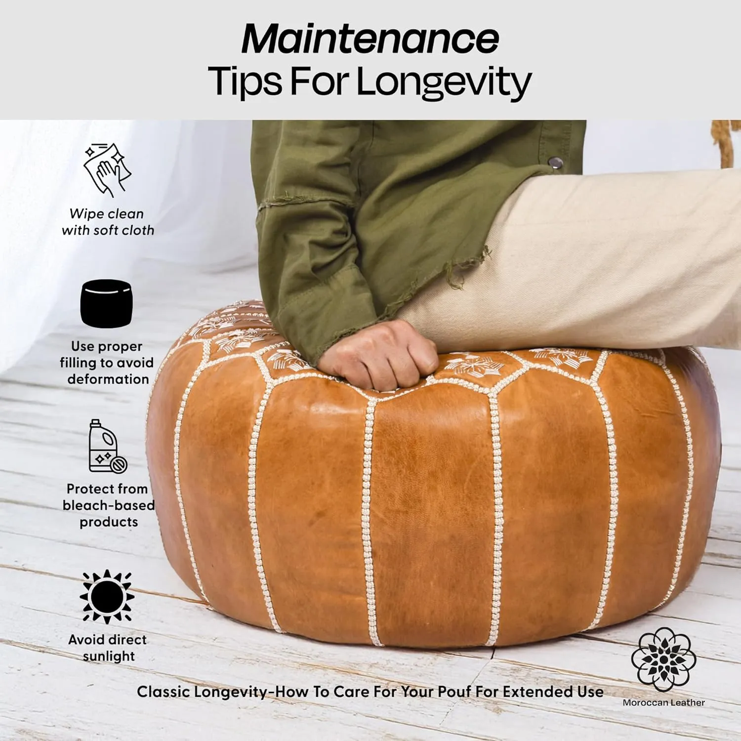 Handmade Moroccan Genuine Leather Pouf Ottoman Cover - Unstuffed Foot Stool, Boho Foot Rest Under Desk, Round Ottoman for Living Room, Bedroom - Housewarming and Wedding Gifts