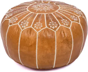 Handmade Moroccan Genuine Leather Pouf Ottoman Cover - Unstuffed Foot Stool, Boho Foot Rest Under Desk, Round Ottoman for Living Room, Bedroom - Housewarming and Wedding Gifts
