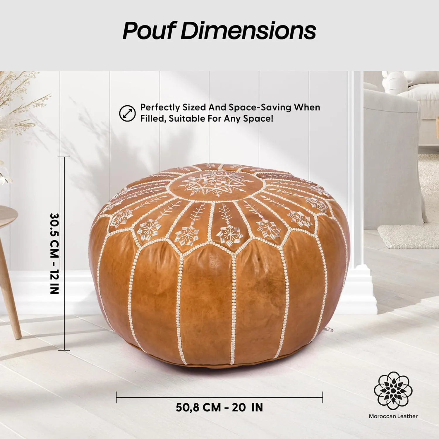 Handmade Moroccan Genuine Leather Pouf Ottoman Cover - Unstuffed Foot Stool, Boho Foot Rest Under Desk, Round Ottoman for Living Room, Bedroom - Housewarming and Wedding Gifts