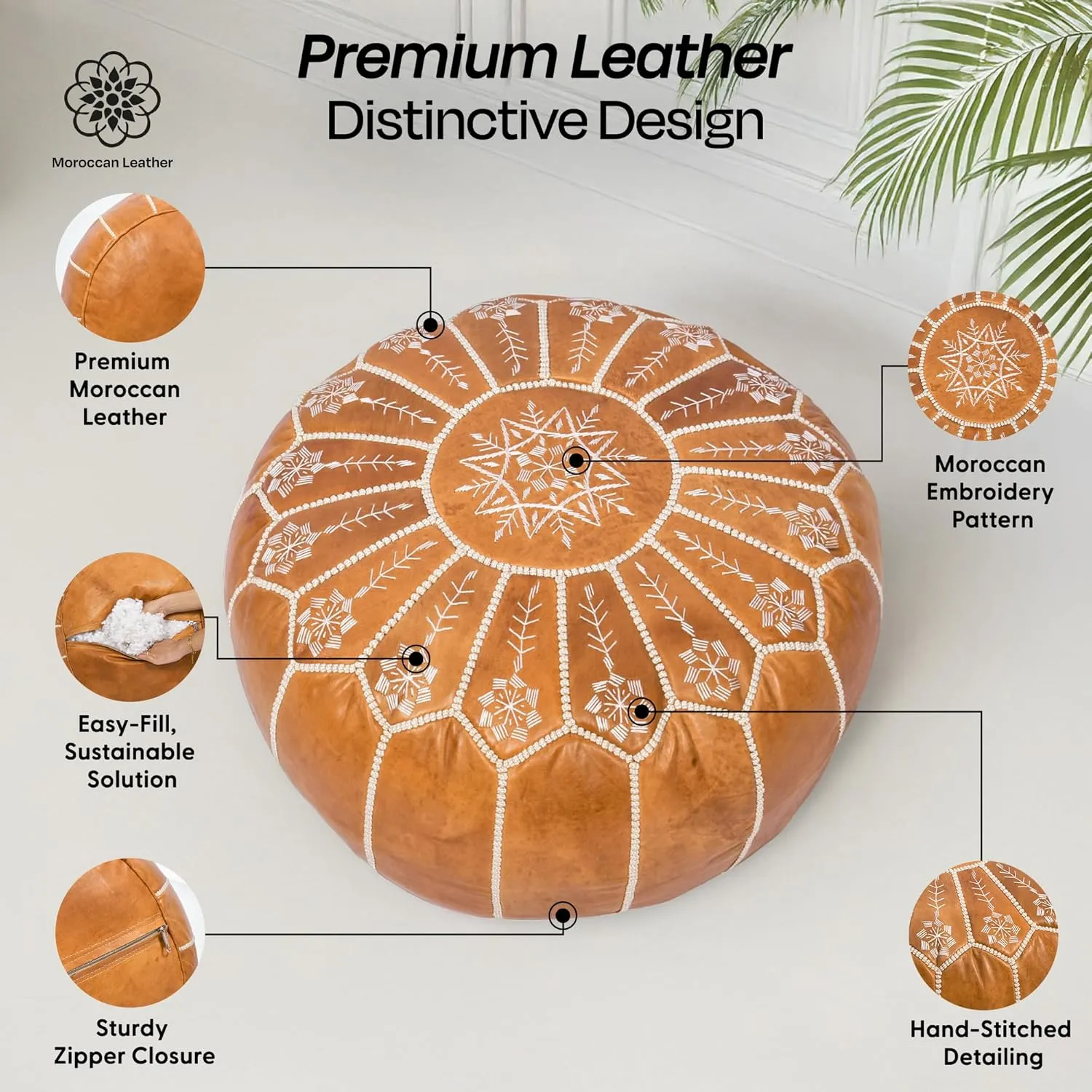 Handmade Moroccan Genuine Leather Pouf Ottoman Cover - Unstuffed Foot Stool, Boho Foot Rest Under Desk, Round Ottoman for Living Room, Bedroom - Housewarming and Wedding Gifts