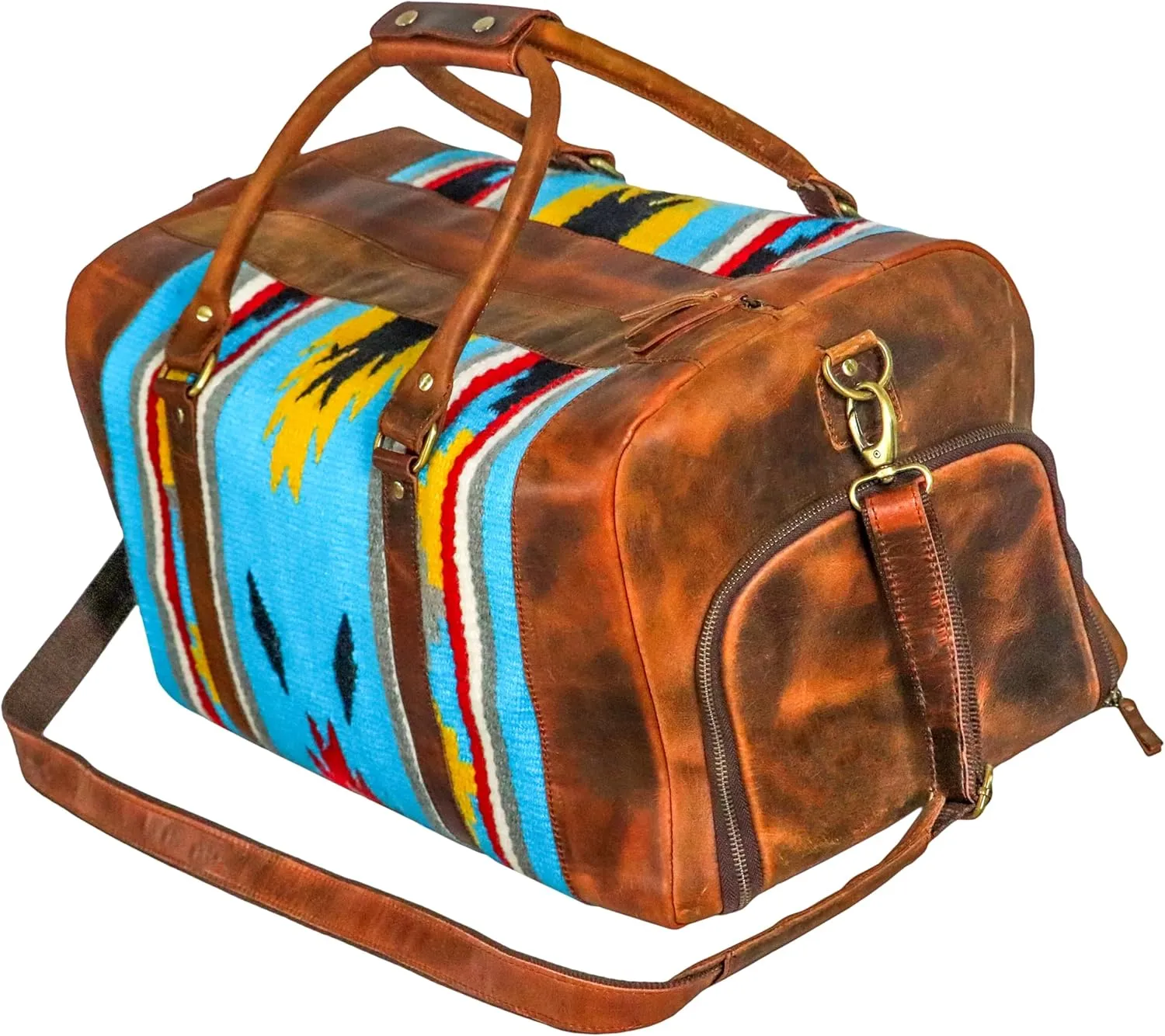 Handmade Premium Duffle Bag leather heavy duty Gym Sports Airplane Overnight Luggage Carry On Unisex Travel woven Rug Bag Wollen Bag Gift for His/Her (RUG DUFFLE BAG ARTICLE_06)