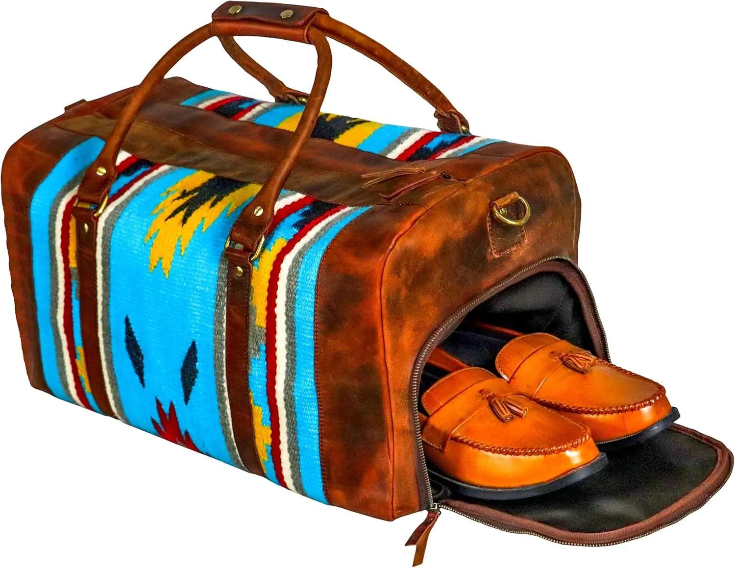 Handmade Premium Duffle Bag leather heavy duty Gym Sports Airplane Overnight Luggage Carry On Unisex Travel woven Rug Bag Wollen Bag Gift for His/Her (RUG DUFFLE BAG ARTICLE_06)