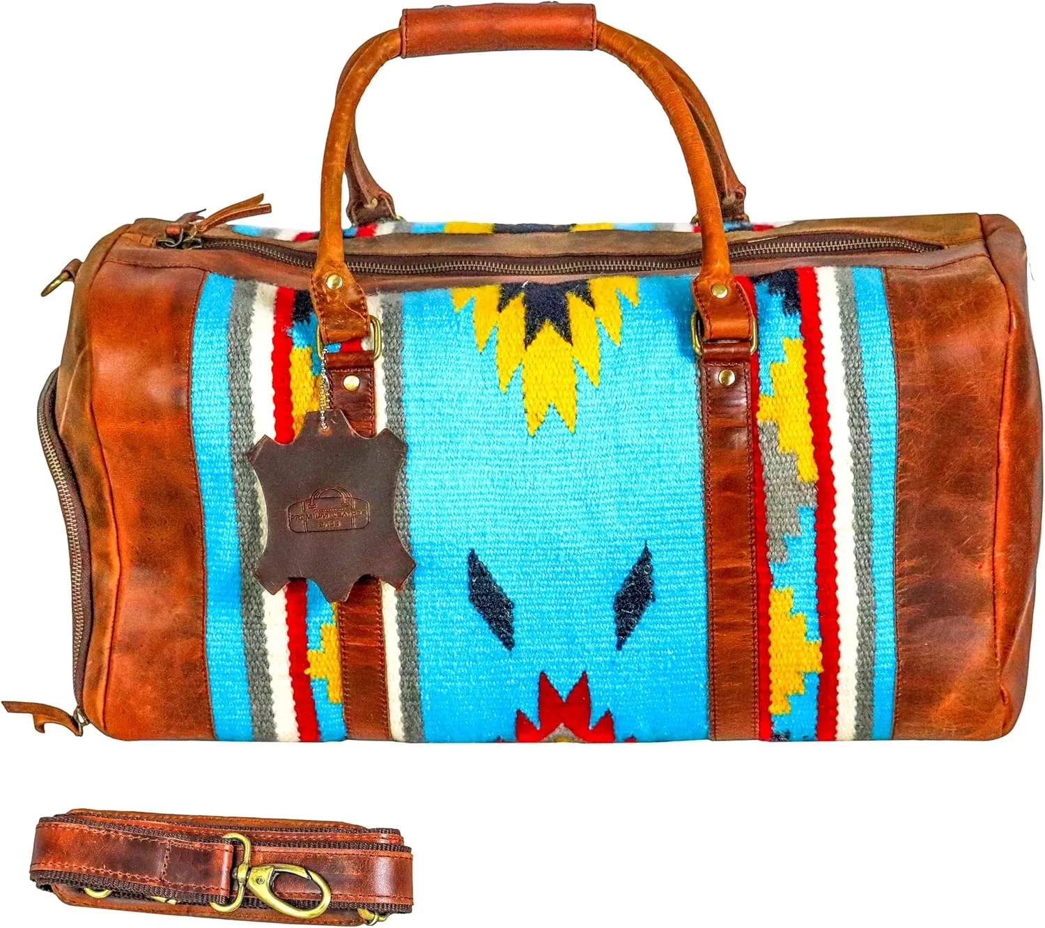 Handmade Premium Duffle Bag leather heavy duty Gym Sports Airplane Overnight Luggage Carry On Unisex Travel woven Rug Bag Wollen Bag Gift for His/Her (RUG DUFFLE BAG ARTICLE_06)