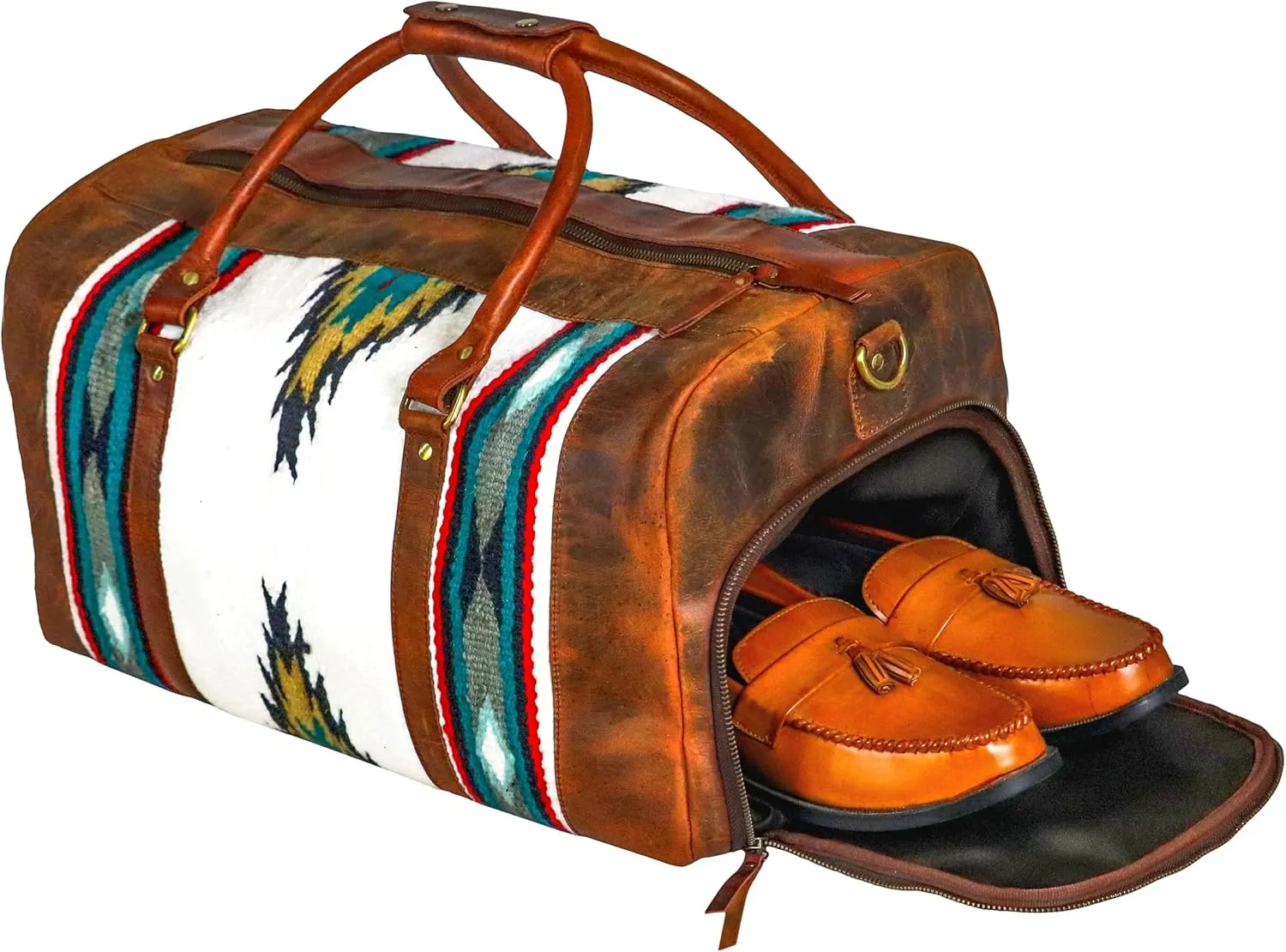 Handmade Premium Duffle Bag leather heavy duty Gym Sports Airplane Overnight Luggage Carry On Unisex Travel woven Rug Bag Wollen Hand Bag Gift for His/Her (RUG DUFFLE BAG ARTICLE_06)