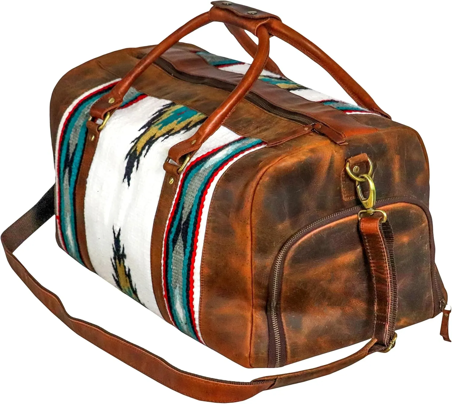Handmade Premium Duffle Bag leather heavy duty Gym Sports Airplane Overnight Luggage Carry On Unisex Travel woven Rug Bag Wollen Hand Bag Gift for His/Her (RUG DUFFLE BAG ARTICLE_06)