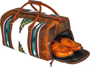 Handmade Premium Duffle Bag leather heavy duty Gym Sports Airplane Overnight Luggage Carry On Unisex Travel woven Rug Bag Wollen Hand Bag Gift for His/Her (RUG DUFFLE BAG ARTICLE_06)