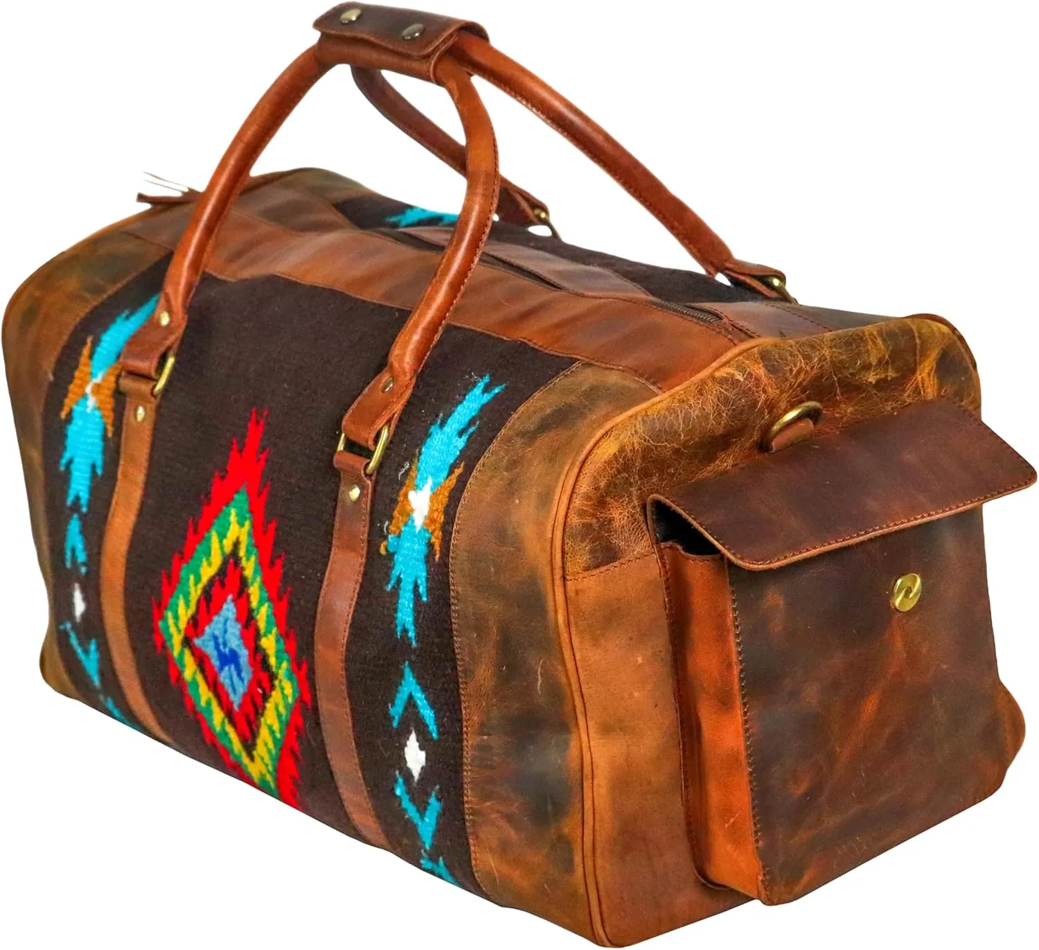 Handmade Premium Duffle Bag leather heavy duty Gym Sports Airplane Overnight Luggage Carry On Unisex Travel woven Rug Bag Wollen Hand Bag Gift for His/Her (Rug Duffle Bag Module_05)