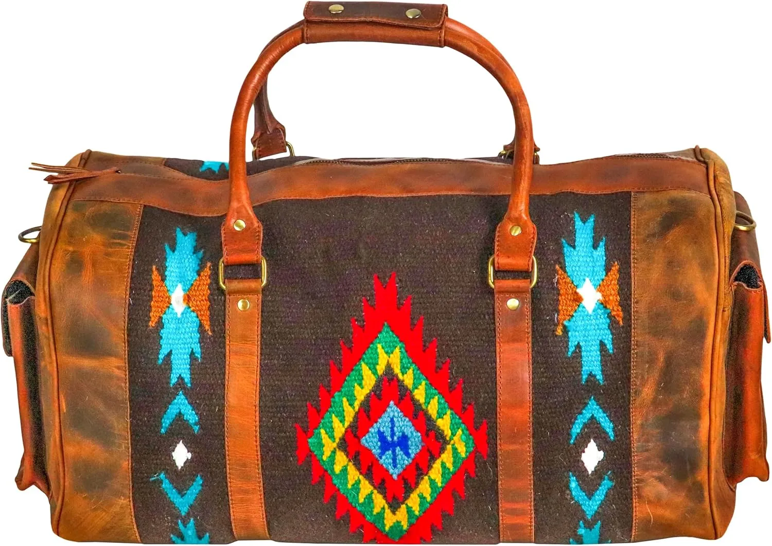 Handmade Premium Duffle Bag leather heavy duty Gym Sports Airplane Overnight Luggage Carry On Unisex Travel woven Rug Bag Wollen Hand Bag Gift for His/Her (Rug Duffle Bag Module_05)