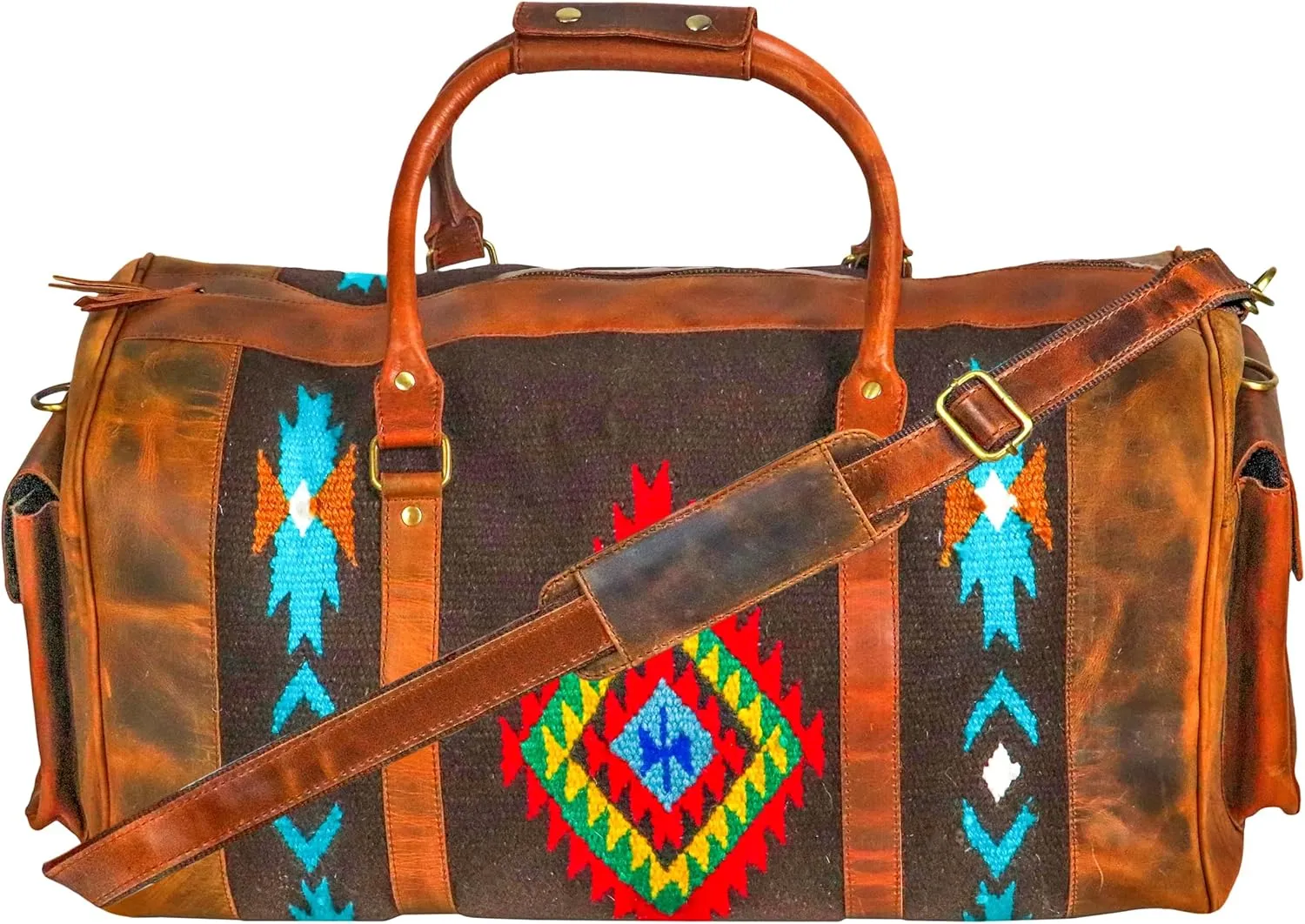 Handmade Premium Duffle Bag leather heavy duty Gym Sports Airplane Overnight Luggage Carry On Unisex Travel woven Rug Bag Wollen Hand Bag Gift for His/Her (Rug Duffle Bag Module_05)