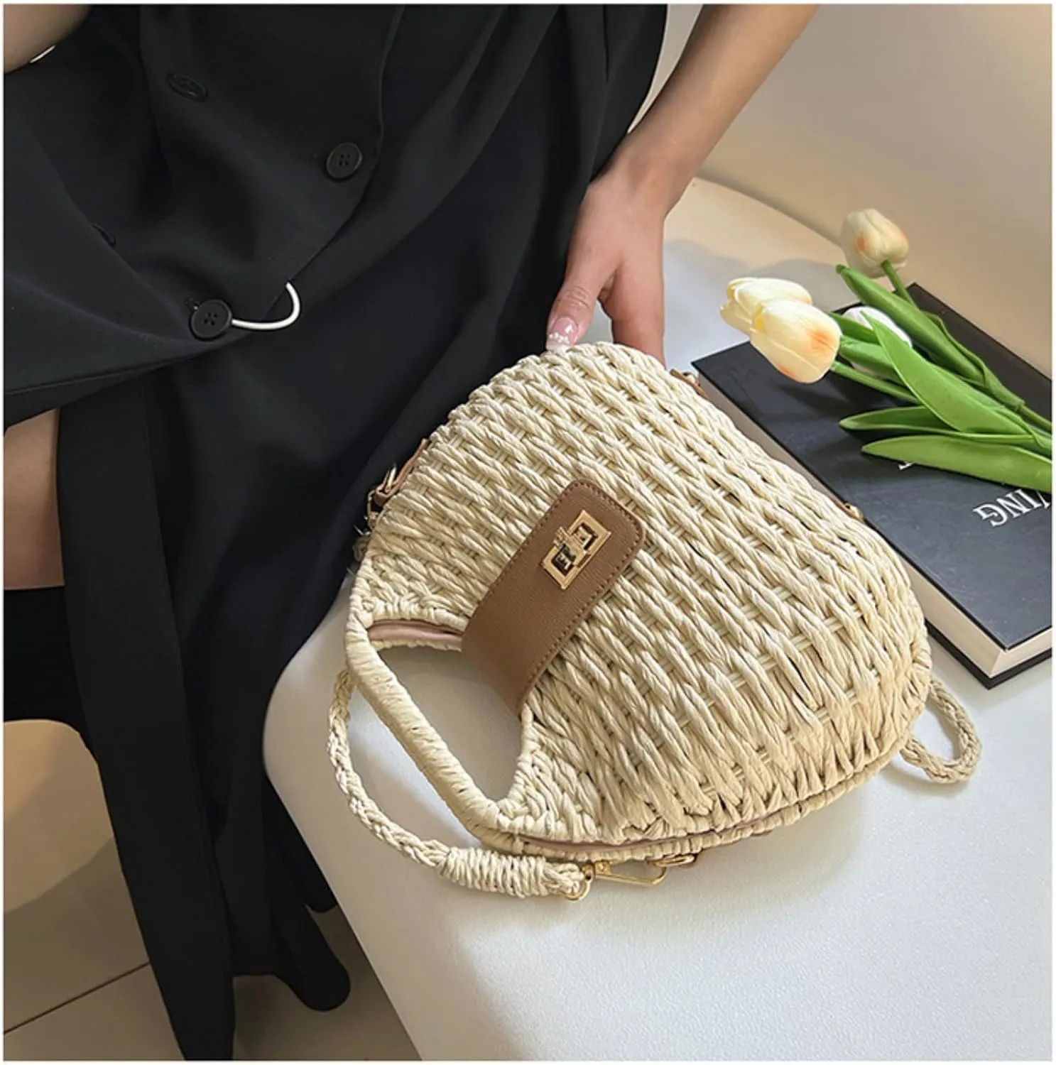 Handmade Straw Woven Bag Beach Clutch Purses Women Vacation Shell Shoulder Crossbody Summer Dumpling Handbag Basket Tote