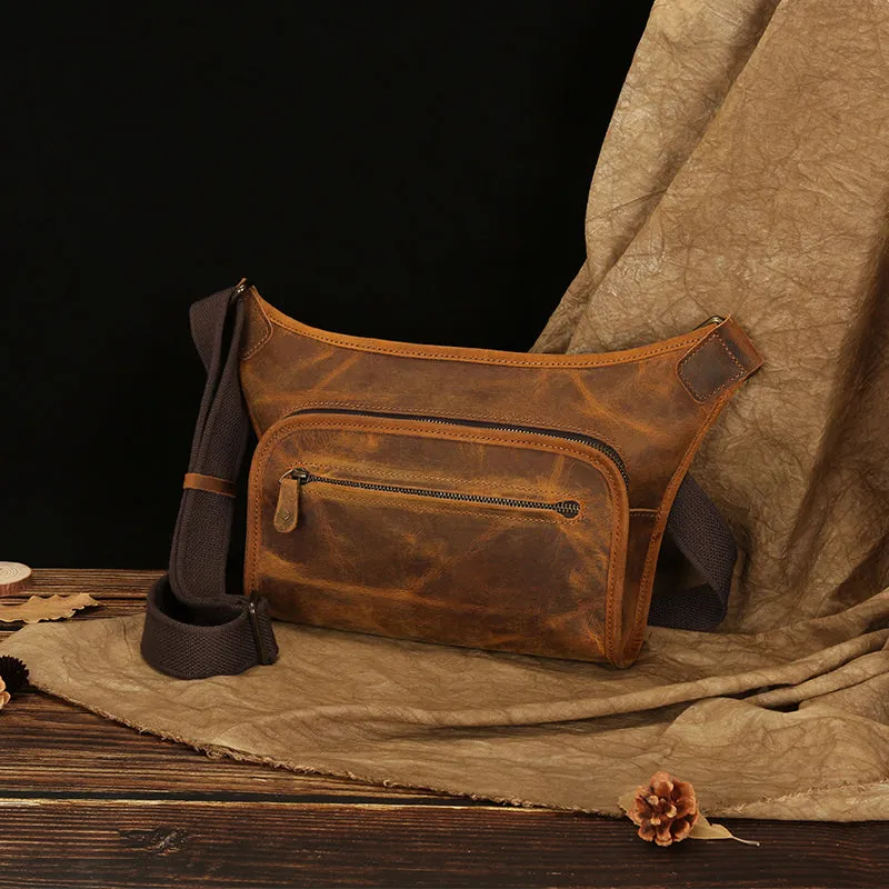 Handmade Vintage Crossbody Zipper Crazy Horse Leather Unisex Chest Bag