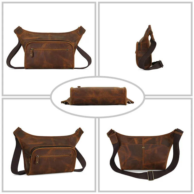Handmade Vintage Crossbody Zipper Crazy Horse Leather Unisex Chest Bag