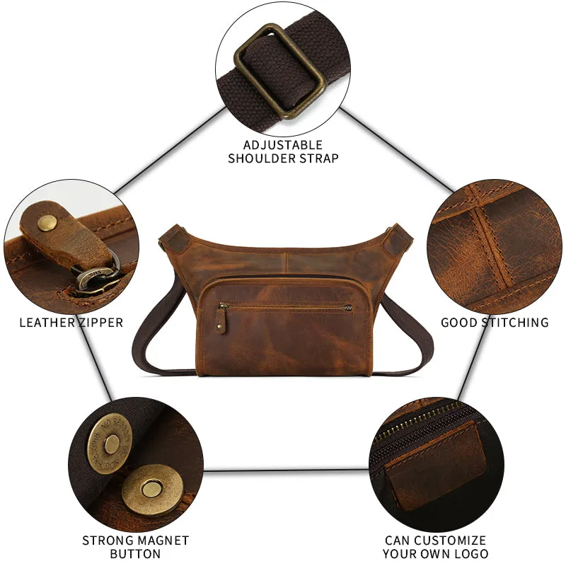 Handmade Vintage Crossbody Zipper Crazy Horse Leather Unisex Chest Bag