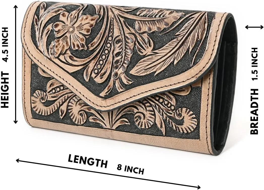 Handmade Western Leather Wallet for Women | Hand-Tooled RFID Blocking Long Wallet | Vintage Cowhide Clutch, Large Capacity Card Holder & Phone Case