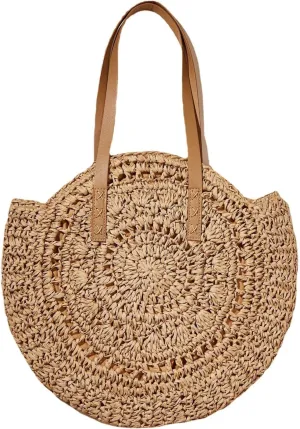 Handwoven Straw Bag for Women Summer Beach Straw Shoulder Bags Round Tote Large Handbags Purses