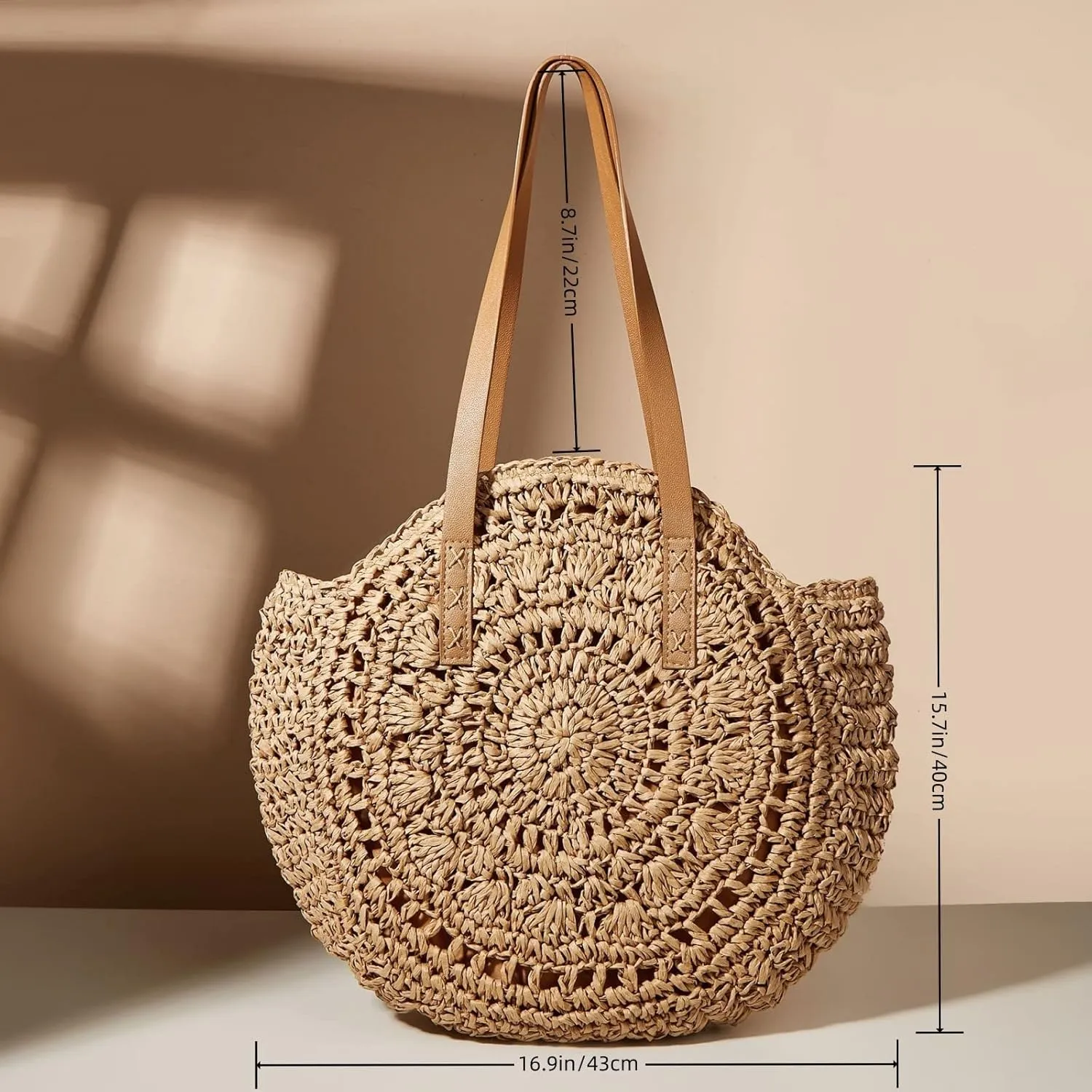 Handwoven Straw Bag for Women Summer Beach Straw Shoulder Bags Round Tote Large Handbags Purses