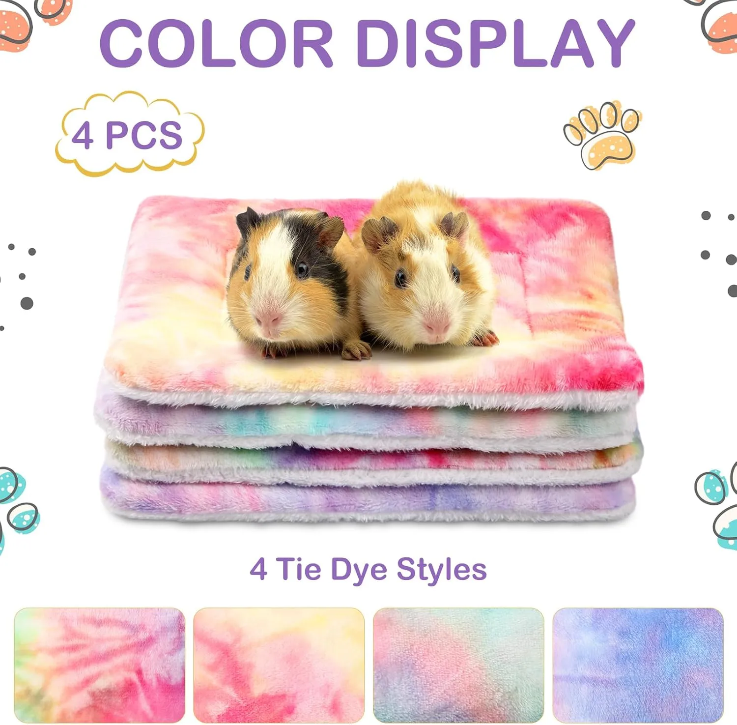 Haull 4 Pcs Waterproof Guinea Pig Bedding Winter Guinea Pig Plush Cage Liners Soft Dog Cat Bed Mat Reversible Cozy Animal Pee Pad Hamster Bed Mat Washable for Bunny(Tie Dyed,13 x 10 Inch)