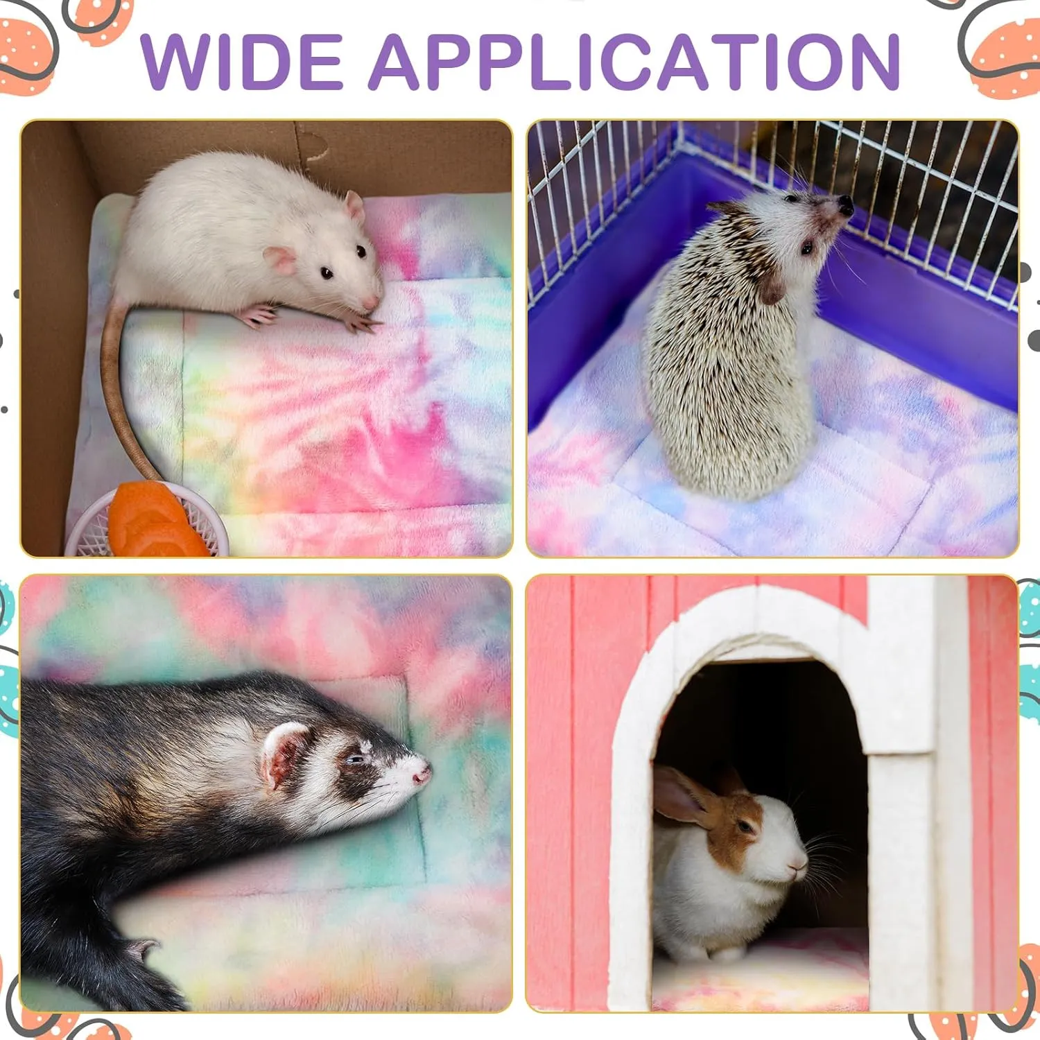 Haull 4 Pcs Waterproof Guinea Pig Bedding Winter Guinea Pig Plush Cage Liners Soft Dog Cat Bed Mat Reversible Cozy Animal Pee Pad Hamster Bed Mat Washable for Bunny(Tie Dyed,13 x 10 Inch)