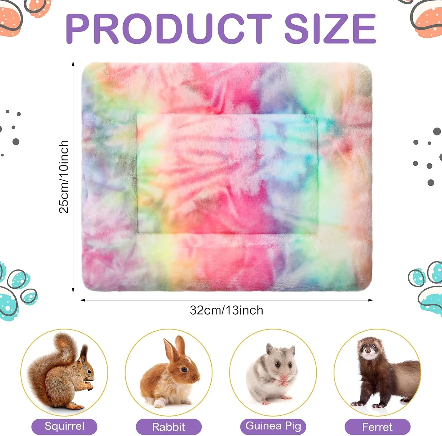 Haull 4 Pcs Waterproof Guinea Pig Bedding Winter Guinea Pig Plush Cage Liners Soft Dog Cat Bed Mat Reversible Cozy Animal Pee Pad Hamster Bed Mat Washable for Bunny(Tie Dyed,13 x 10 Inch)