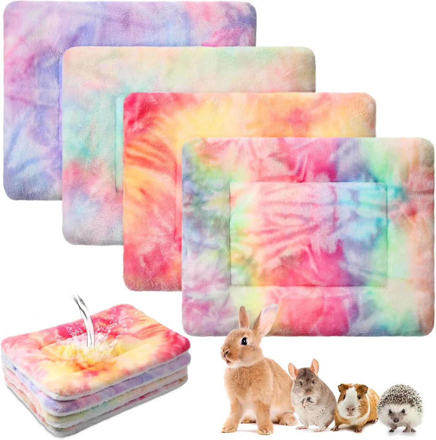 Haull 4 Pcs Waterproof Guinea Pig Bedding Winter Guinea Pig Plush Cage Liners Soft Dog Cat Bed Mat Reversible Cozy Animal Pee Pad Hamster Bed Mat Washable for Bunny(Tie Dyed,13 x 10 Inch)