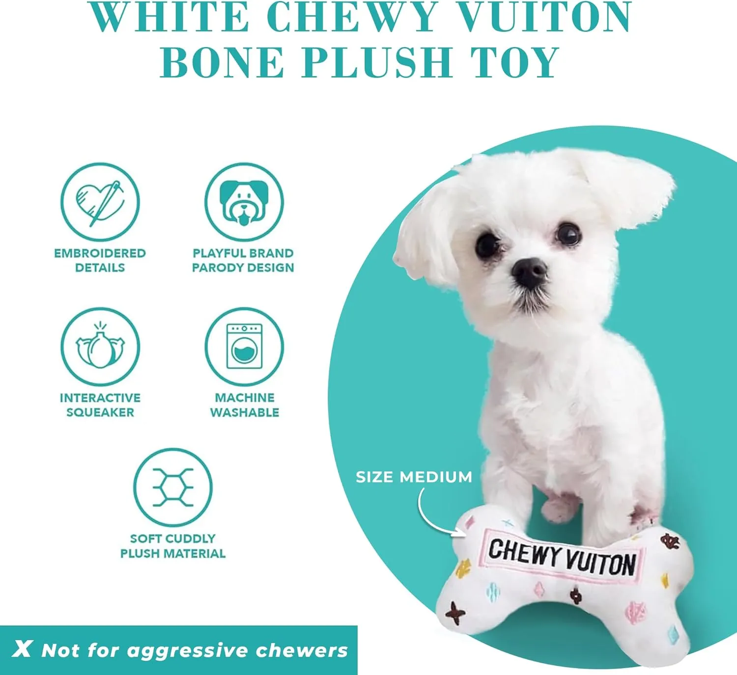 Haute Diggity Dog White Chewy Vuiton Bone, Plush Designer Dog Toys with Interactive Squeaker, Stimulating Pet Enrichment, Machine-Washable & Safe Materials for All Breeds, Size Small