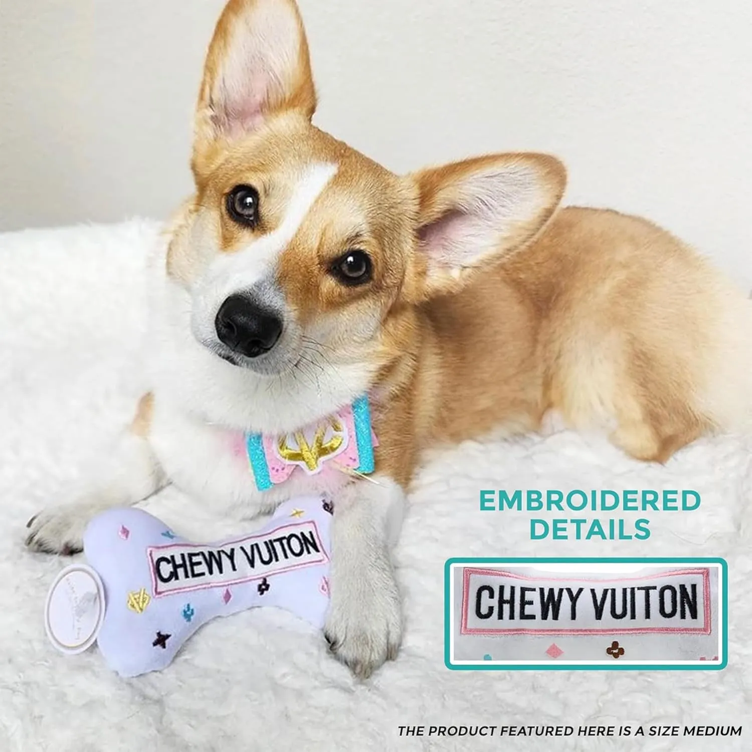 Haute Diggity Dog White Chewy Vuiton Bone, Plush Designer Dog Toys with Interactive Squeaker, Stimulating Pet Enrichment, Machine-Washable & Safe Materials for All Breeds, Size Small